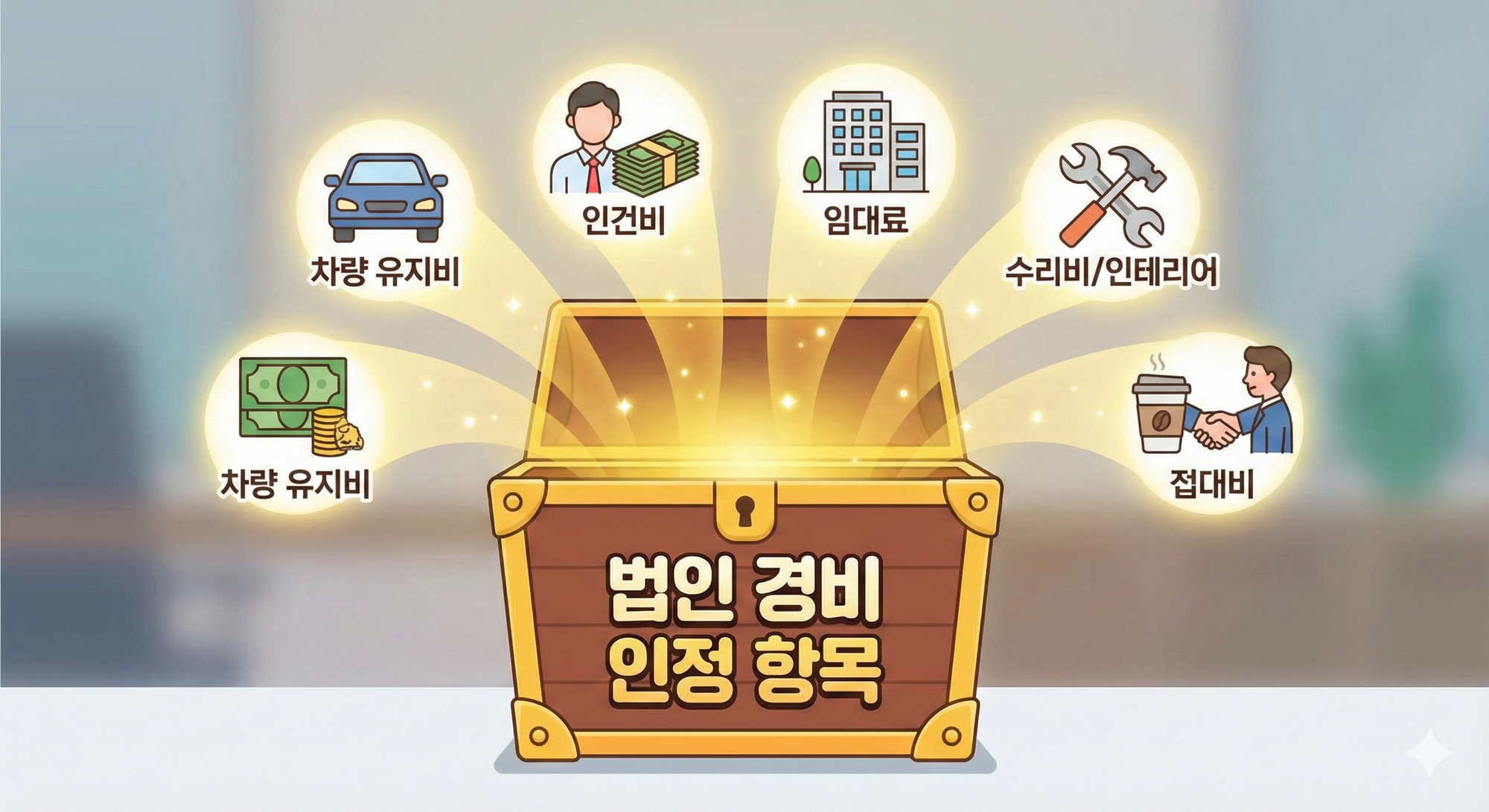 부동산 매매 법인사업자에서 경비로 인정받을 수 있는 다양한 항목들이 상자 안으로 들어가는 모습을 표현한 인포그래픽