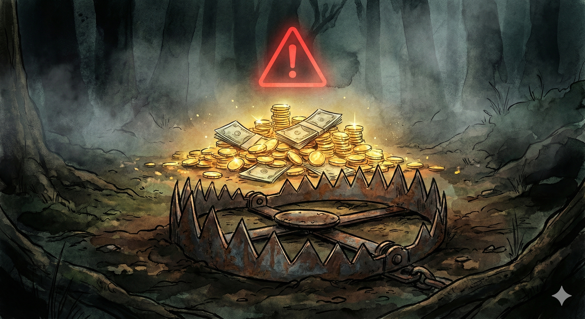 보기엔 좋아 보이지만(돈무더기), 숨겨진 위험(덫)이 있다는 것을 경고하는 은유적 일러스트